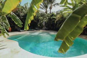 a swimming pool with blue water and palm trees at Pousada Jardim do vento in Icaraí