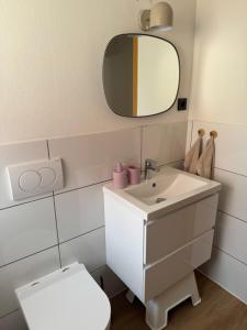 a bathroom with a sink and a toilet and a mirror at Zum alten Pasewalker Kaufmann in Pasewalk