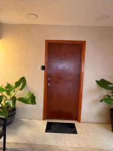 a wooden door in a room with a plant at Casa Bugambilia Progreso #4 in Progreso
