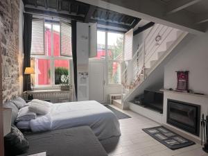 a bedroom with a large bed and a fireplace at Las Ventanas del Cielo, Ávila in Ávila