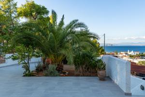 a patio with palm trees and a view of the ocean at Agistri Island Dream in Skala