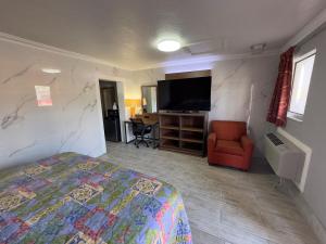 a bedroom with a bed and a tv and a chair at Economy Inn in Arcadia