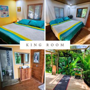 a collage of four pictures of a king room at Hotel Excelsum Tayrona in Calabazo