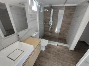 a bathroom with a shower and a sink and a toilet at Saroné Villa in Anavyssos +30 photos