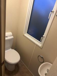 a bathroom with a toilet and a sink and a window at Moonstone Costal Caravan Retreat in Saint Margaretʼs at Cliffe