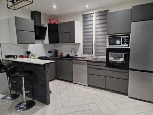 a kitchen with stainless steel appliances and a counter at Residence Chateau d Eau in Mitry-Mory
