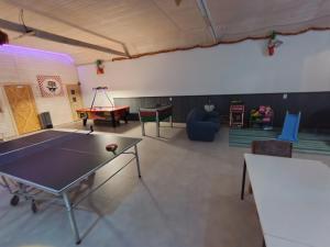 a ping pong room with a ping pong table in it at Domki Helena Okuninka in Okuninka
