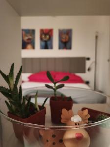 a glass table with potted plants on a bed at Leo House in Trezzo sullʼAdda