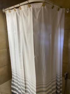 a white shower curtain in a bathroom at Departamentos la lucia in Villa Paula de Sarmiento