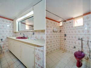 a bathroom with a purple toilet and a sink at Baagh House villa Velsao in Cansaulim
