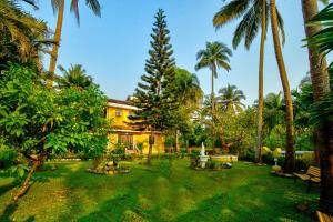 a yard with palm trees and a house at Baagh House villa Velsao in Cansaulim