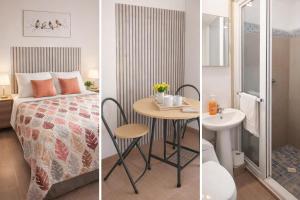 a bedroom with a bed and a table and a bathroom at Como en Familia in Esquipulas