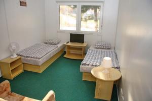 Habitación con 2 camas y ventana en Chatova osada Family Resort, en Patince
