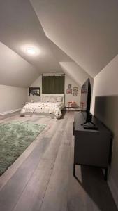 a bedroom with a bed and a desk in a room at Casa Pinturella in Silver Spring