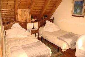 a bedroom with two beds and a table with a lamp at Apartamentos Tredos in Tredós +12 photos