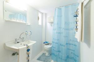 a bathroom with a toilet and a shower curtain at Aglaia Apartments in Stalida