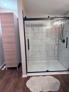 a shower with a glass door and a rug at Sugar Maple Getaway in Gaylord +60 photos