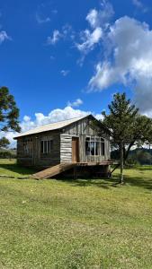 an old wooden house in a field with a tree at Studio Rústico - Refúgio Arara Azul in Urubici