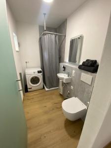 a bathroom with a toilet and a sink and a washing machine at kreuzwirt bayern in Essenbach +22 photos