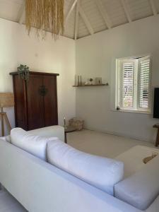 a living room with a white couch in a room at Dushi Blou, private monumentje in Otrabanda in Willemstad