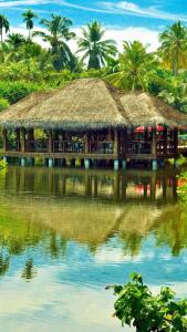 a hut with a reflection in a body of water at Thresher shark inn in Fuvahmulah