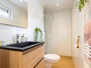 a bathroom with a black sink and a toilet at Het Hertenpad in Hattemerbroek +29 photos