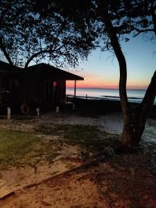 a house on the beach with a tree at Sunset Beach House in Kudat