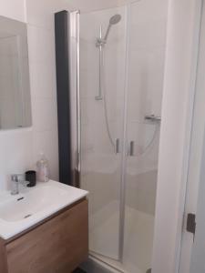 a white bathroom with a shower and a sink at B&B Casa Mama in Brugge in Bruges +19 photos