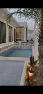 a house with a pool and a palm tree in front of it at شاليه بيرلا in Jeddah