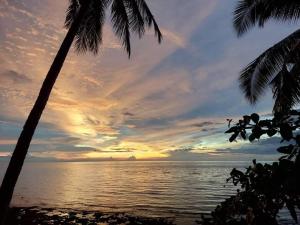 a sunset over the ocean with two palm trees at Costa Moriah Manticao PH in Manticao