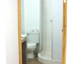 a white bathroom with a toilet and a shower at Qinty Nature Ecolodge in Cusco