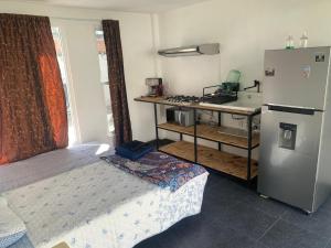 a small room with a kitchen with a bed and a refrigerator at Beekind in San Juan Teotihuacán