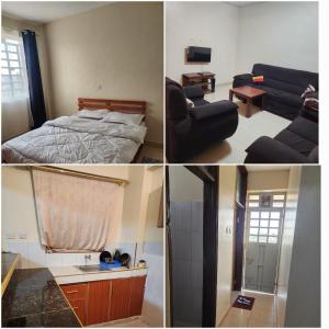 three pictures of a living room and a bedroom at Arifa Homes in Ruringʼu