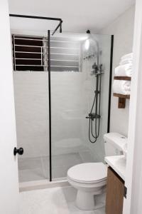 a bathroom with a shower and a toilet at The Oxford Suite in Kingston