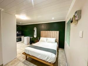 a bedroom with a bed and a green wall at Silwood Heights Flatlet in Eerste River in Faure
