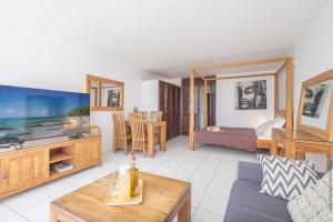 a living room with a couch and a tv at Orient Bay Studio SABA Face à la Mer in Cul de Sac