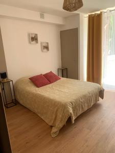 a bedroom with a large bed with two red pillows at Les Cocons de Nabeillou in Graulhet +14 photos