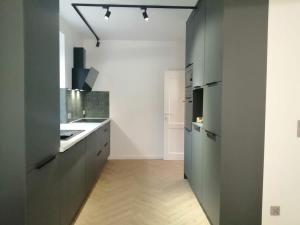 a kitchen with gray cabinets and a white counter at Gemütlich & stilvoll in Tuchola
