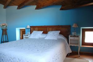 1 dormitorio con 1 cama grande y pared azul en El Capricho de Ana, en Neila de San Miguel