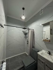 a bathroom with a shower and a sink at Villa De Ray in Almaty