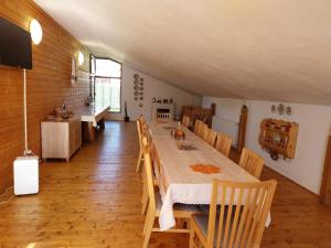 a dining room with a long table and chairs at Casa Ralucăi in Moisei
