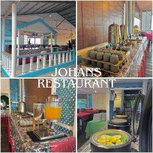 a collage of four pictures of a restaurant with food at Johans Chalet & Restaurant in Tioman Island +24 photos