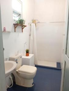 a bathroom with a toilet and a sink and a shower at Tiny Art House with Garden in Godagama