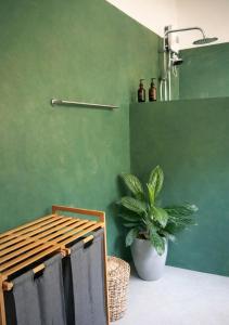 a green bathroom with a table and a plant at Drop Inn Studios in Ahangama +20 photos