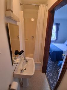 a bathroom with a sink and a mirror and a bed at The Shamrock B&B - Inis Oírr, Aran Islands in Inisheer +9 photos