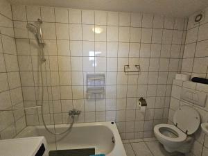 a bathroom with a shower and a toilet and a tub at Stadtperle in Göppingen