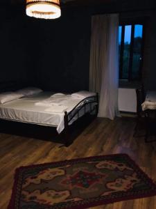 a bedroom with a bed and a rug on a wooden floor at AnaVino in Kvareli
