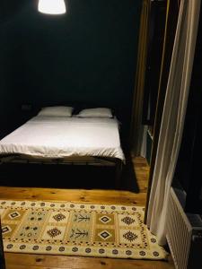 a bedroom with a bed with a rug on the floor at AnaVino in Kvareli +3 photos