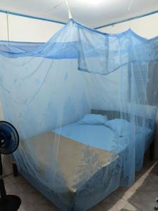 a bed under a mosquito net in a room at Bunaken Jhon Homestay in Manado