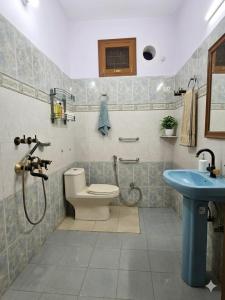 a bathroom with a shower and a toilet and a sink at The Nomad cave in Lucknow +24 photos